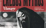 Black and white illustration of a cloaked figure with a pale, featureless face, hunched over a body. Full moon and crosses in background. Text: "Erebus Mythos Vampyr A Folk Horror TTRPG Adventure".