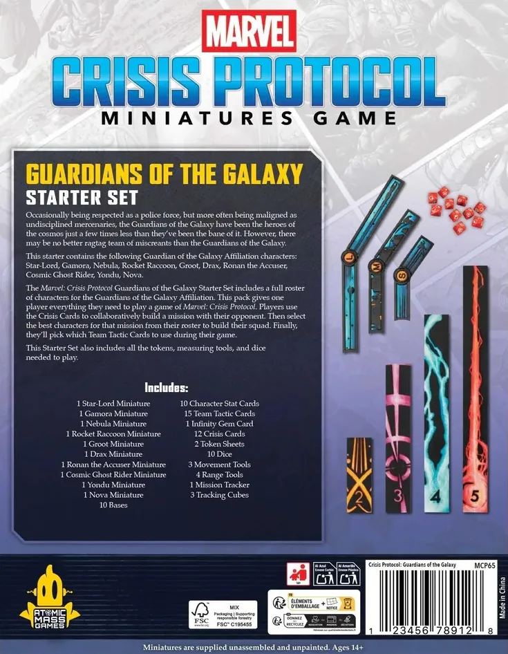 The image shows the packaging for the "Guardians of the Galaxy Starter Set" for the "Crisis Protocol Miniatures Game." The background features a blurred comic-style illustration. On the left side, there is a description of the set and its contents, including a list of miniatures, character stat cards, team tactic cards, crisis cards, tokens, dice, and other gaming accessories. On the right side, there are images of the included miniatures, dice, and stat cards. The miniatures are depicted in colorful, detailed designs, and the dice are red with white symbols. The stat cards are vertical with character illustrations and numerical stats. The text "CRISIS PROTOCOL MINIATURES GAME" is visible at the top, and "GUARDIANS OF THE GALAXY STARTER SET" is prominently displayed below it. The bottom right corner includes a barcode and the text "Crisis Protocol: Guardians of the Galaxy MCP65."