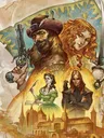 A vibrant illustration features four characters from the 7th Sea tabletop role-playing game, each embodying the swashbuckling spirit of the setting. On the left, a rugged man in a tricorn hat holds a pistol, while a confident woman with curly red hair brandishes a sword beside him. In the center, a woman in a green dress gestures with a quill, and to the right, a brooding figure in dark clothing stands with a serious expression. The background includes a stylized flag and hints of a fantastical cityscape, enhancing the adventurous atmosphere of Theah.
