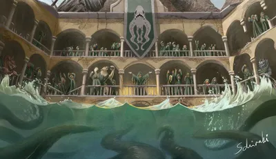 Cultists dressed in green have gathered in a half-submerged palazzo and are praying towards the waters. A few tentacles move underwater towards the cultists.