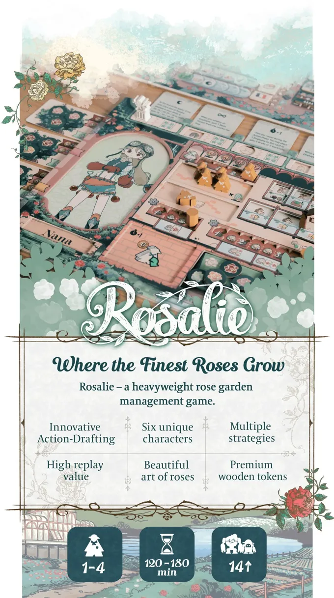 Rosalie game board with illustrated characters, wooden pieces, and text "Rosalie Where the Finest Roses Grow"