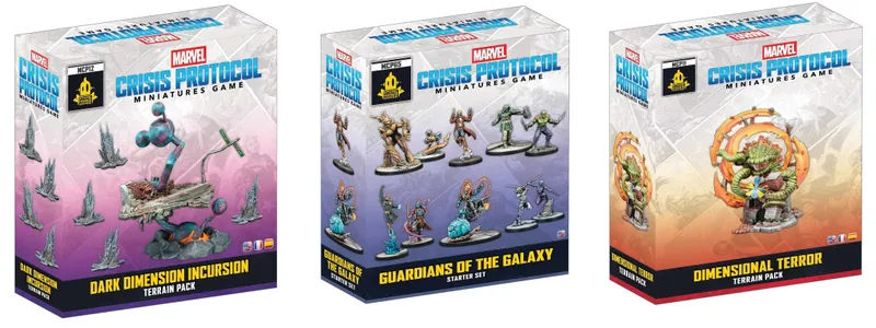 Box for Marvel Crisis Protocol Miniatures Game, Guardians of the Galaxy Starter Set. The packaging is predominantly purple with a clear plastic front displaying ten painted miniatures of characters in dynamic poses, each on a circular base. At the top, the text reads "MARVEL CRISIS PROTOCOL MINIATURES GAME" in blue and white. Below the miniatures, the text "GUARDIANS OF THE GALAXY STARTER SET" is in yellow and white. A small black label with "MCP65" and the Atomic Mass Games logo is visible in the upper left corner.