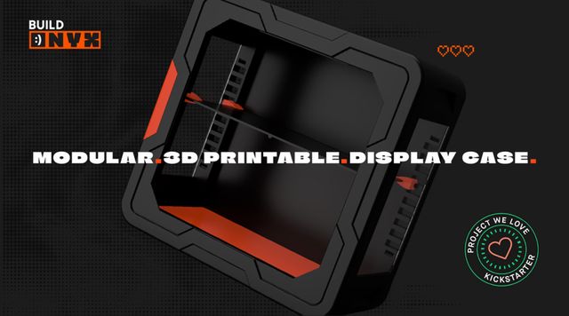 A sleek, 3D-printable display case designed for collectors, featuring a black exterior with angular lines and a vibrant red base. The case is shown from a slightly elevated angle, highlighting its modular design and snap-fit assembly, which requires no tools. The text "3D-PRINTABLE. DISPLAY CASE." is prominently displayed, along with a "PROJECT WE LOVE" badge from Kickstarter.