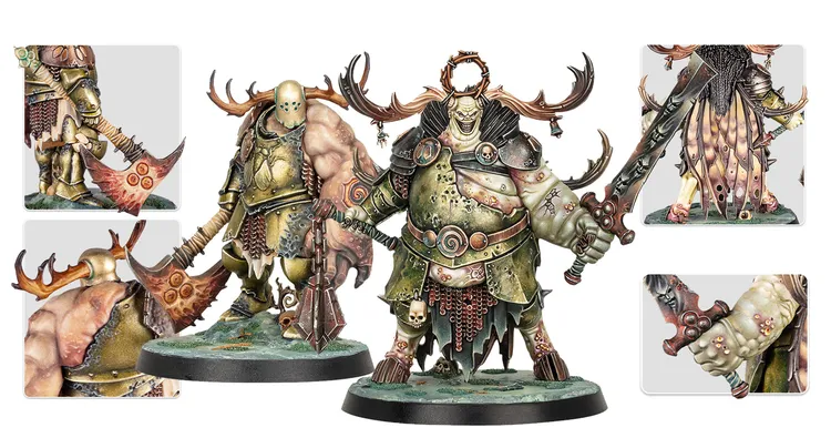 A large, grotesque daemon prince named Gelgus Pust stands prominently, showcasing a muscular, bulbous body adorned with various skulls and intricate armor details. He wields a rusted sword in one hand, while his other hand displays a grotesque, oversized appendage. The figure features moth-like wings and a toothy grin, with a base that includes a textured, green landscape, enhancing the character's menacing presence.