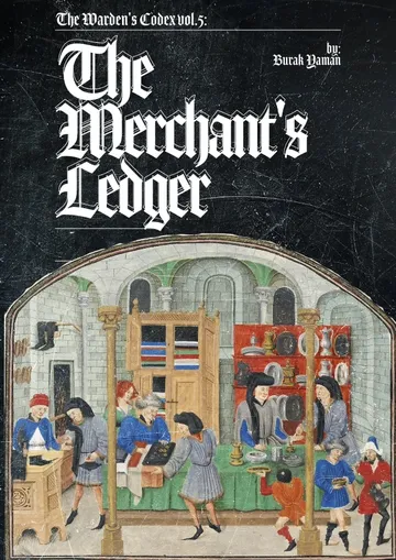 "The Merchant's Ledger" text above a medieval shop scene with people and goods.