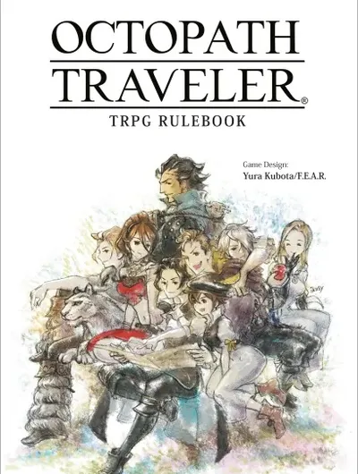 The cover of the "Octopath Traveler TRPG Rulebook" features a colorful illustration of eight characters from the game, each with distinct appearances and poses, gathered together in a dynamic composition. Prominent in the center is a character with dark hair, flanked by a mix of heroes and a large wolf, all set against a soft, watercolor-like background. The title "OCTOPATH TRAVELER" is displayed at the top, with "TRPG RULEBOOK" beneath it, and the game designer's credit is noted at the bottom.