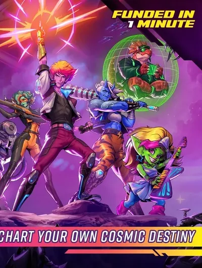 A vibrant and dynamic illustration showcases a diverse group of characters from the Neon Odyssey campaign, each displaying unique sci-fi attire and weapons, set against a colorful cosmic backdrop. Prominently featured are three core books: "Outrunner’s Handbook," "Cosmic Codex," and "Overdrive Expansion," with the text "CHART YOUR OWN COSMIC DESTINY" highlighted below. The campaign's success is emphasized with the note "FUNDED IN 1 MINUTE" at the top.