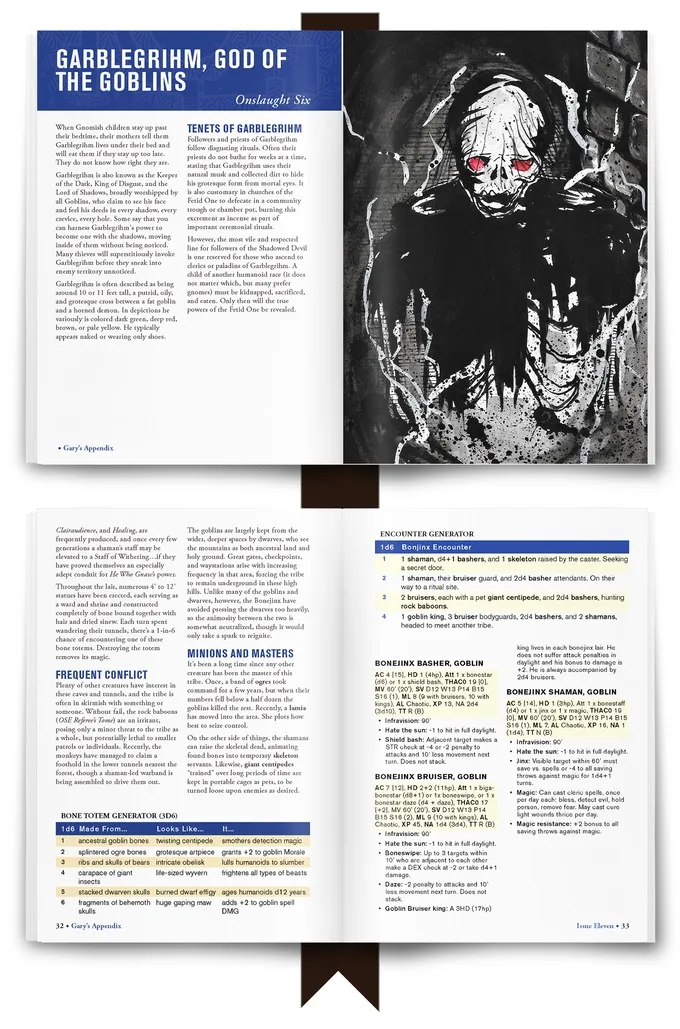 The image shows an open magazine spread. On the left page, there is a block of text with the heading "Gary's Appendix" and a subheading "Frequent Conflict." The text is divided into multiple paragraphs and sections, including "Minions and Masters" and "Bone Totem Generator (3d6)." On the right page, there is a black-and-white illustration of a goblin-like creature with prominent ears, a large nose, and sharp teeth, appearing to shout or scream. Below the illustration, there is a section titled "Encounter Generator" with a subheading "1d6 Bonjinx Encounter," followed by a list of numbered entries describing different encounters involving goblins, such as "1 shaman, 1d4+1 bashers, and 1 skeleton raised by the caster. Seeking a secret door." Further down, there are sections titled "Bonejinx Basher, Goblin," "Bonejinx Shaman, Goblin," and "Bonejinx Bruiser, Goblin," each with attributes and descriptions.