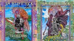 The image features two collectible miniature boxes from Lucid Eye Publications, showcasing artwork inspired by Jim Fitzpatrick. On the left, the box for "Cú Chulainn" displays a dynamic illustration of the legendary hero, adorned with intricate Celtic patterns and vibrant colors. On the right, the "St. Patrick" box features a detailed depiction of the saint, surrounded by swirling clouds and lush greenery, with a sculpted miniature prominently displayed in the foreground.