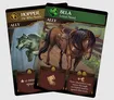 Two ally cards from the upcoming board game War of the Dragon: The Wheel of Time are displayed. The first card features "Hopper, He Who Soars," depicting a wolf in a forest setting, while the second card shows "Bela, Loyal Steed," illustrating a brown horse with a saddle in a grassy area. Each card includes game mechanics at the bottom, with symbols indicating movement abilities for characters during gameplay.