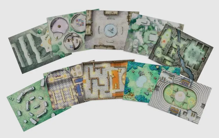 A semi-circular arrangement of illustrated map tiles for a fantasy tabletop game. The tiles depict various environments and structures, including a circular chamber with a central dais, a maze-like interior with orange carpeting, a checkered floor hall with pillars, a circular stone amphitheater with tiered seating, a grassy area with a small pond, a building with a green roof surrounded by trees, a circular room with a large circular table, and a room with a tiled floor and circular platforms. Each tile has distinct architectural and natural elements, designed for modular assembly.