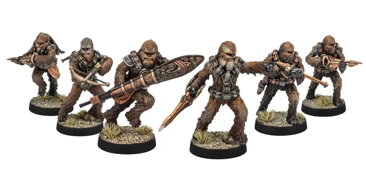 Four detailed miniatures of Wookiee characters are displayed in a row, each in a dynamic pose. They are covered in brown fur, with various weapons including a bowcaster, a sword, and a shield, showcasing intricate designs. The bases feature a textured surface with patches of grass, enhancing the overall appearance of the figures.