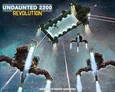A dynamic scene depicts a futuristic space battle in "Undaunted 2200: Revolution." In the foreground, two mechs with prominent thrusters are engaged in combat, emitting bright blue exhaust flames. Above them, a large, rectangular space station is visible, with a figure inside, set against a backdrop of stars and cosmic colors, emphasizing the vastness of space. The title "UNDAUNTED 2200 REVOLUTION" is prominently displayed at the top.