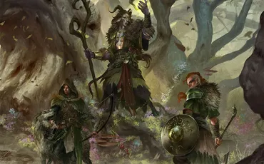 "Beyond the Woods" text above a forest scene with three figures: one with antlers, one with a staff, one with a shield.