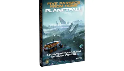 A book titled "Five Parsecs From Home: Planetfall" is prominently displayed, featuring a vibrant cover illustration. The scene depicts a rugged alien landscape with a large vehicle in the foreground, surrounded by lush vegetation and remnants of crashed starships in the background. The title is boldly printed at the top, with the subtitle "Adventure Wargaming on Alien Worlds" at the bottom, emphasizing the game's focus on exploration and tactical combat.