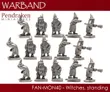 Sixteen grey metal miniature witch figures in standing poses, each wearing pointed hats, long robes, and holding various props like staves or brooms. Text reads: "Pendraken Miniatures" at top, "FAN-MON40 - Witches, stand" at bottom.