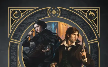 Two people holding guns, ornate frame, "MISTBORN HANDBOOK" text