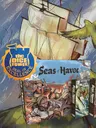 A vibrant illustration features the board game "Seas of Havoc" prominently displayed in the foreground, alongside its expansions "First Mates" and "Sea Monsters." Behind the game boxes, a ship with billowing sails is depicted, while a green parrot flies above, adding a lively touch to the scene. The image also includes "The Dice Tower Seal of Excellence" badge, highlighting the game's recognition.