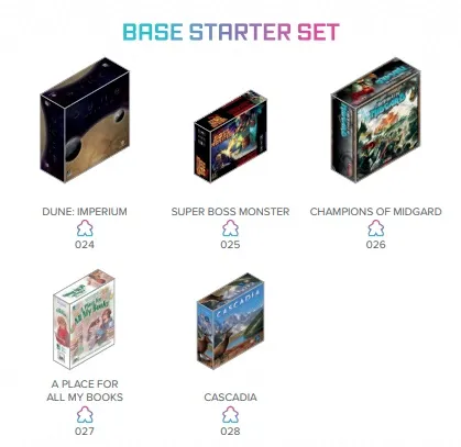 Five miniature board game boxes arranged in two rows. Top row: three boxes labeled "DUNE: IMPERIUM 024", "SUPER BOSS MONSTER 025", and "CHAMPIONS OF MIDGARD 026". Bottom row: two boxes labeled "A PLACE FOR ALL MY BOOKS 027" and "CASCADIA 028". Each box has distinct artwork. Above the boxes, the text "BASE STARTER SET" is displayed in multicolored letters. Each box has a small purple and white icon next to its label.