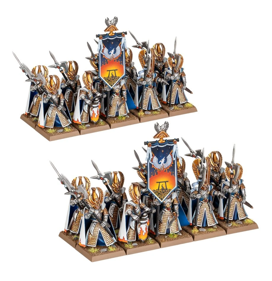 A detailed assembly of High-Elf miniatures is displayed, featuring a mix of armored warriors holding spears and shields. The front ranks include a prominent banner bearer with a vibrant blue and orange banner adorned with a phoenix emblem. The miniatures are painted in a striking color scheme of blue, gold, and white, set on a textured base that suggests a battlefield environment.