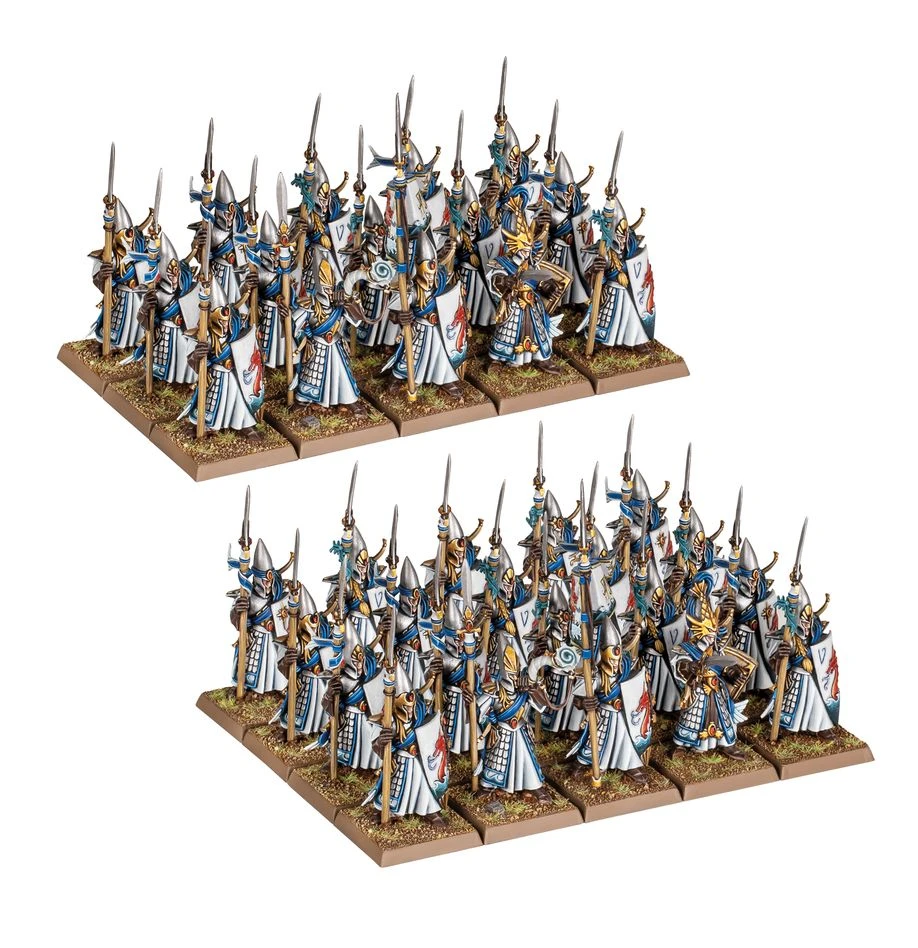 A group of high-elf miniatures is displayed, featuring two distinct ranks of warriors. The figures are adorned in elegant white and blue armor, with intricate gold detailing, and each holds a spear. The front rank includes a character with a staff, while the back rank consists of numerous soldiers, all standing on a textured base that resembles grass.