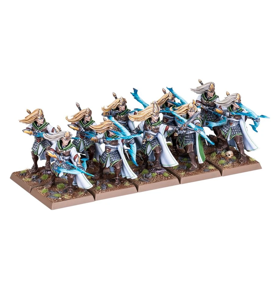 A group of eight high-elf miniatures stands in formation, each adorned in intricate armor featuring green and silver details. They have long, flowing blonde hair and wield weapons with blue accents, showcasing a mix of swords and magical elements. The bases are textured with grass and small rocks, enhancing the fantasy aesthetic of the models.