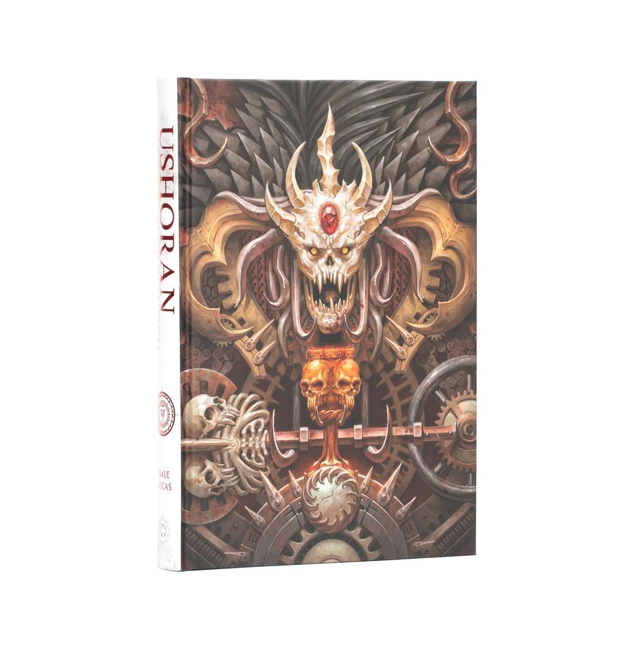 A book titled "Ushoran" features a striking cover illustration that combines dark fantasy elements with intricate mechanical designs. Prominent on the cover is a menacing skull adorned with a red gem, flanked by a pair of fierce, horned creatures. The background includes a complex arrangement of gears and metallic textures, enhancing the ominous and fantastical theme of the artwork.