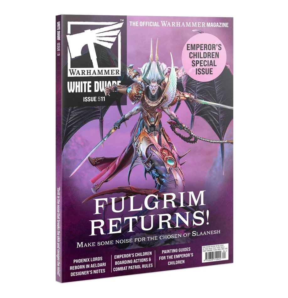 The cover of White Dwarf magazine, Issue 511, features a striking illustration of Fulgrim, a character associated with Slaanesh, depicted in elaborate armor with intricate details and vibrant colors. The background is a blend of purple hues, enhancing the dramatic effect of the artwork. Prominent text announces "FULGRIM RETURNS!" along with additional features like "Phoenix Lords Reborn in Aeldari" and "Painting Guides for the Emperor's Children."