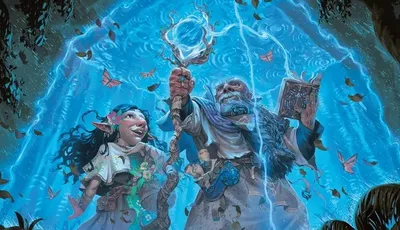 A young female character with pointed ears, dark hair, and a floral headpiece stands to the left, wearing a light-colored outfit with a belt and pouches. To the right, an older male character with a long white beard, blue skin, and a white and blue robe holds a glowing staff with a circular, branch-like design at the top in one hand and an open book in the other. Both characters are surrounded by floating leaves, butterflies, and swirling magical energy against a vibrant blue background with visible brushstroke textures.