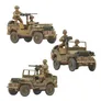 Three WWII U.S. jeeps are displayed, each featuring detailed paintwork that reflects a weathered, battle-worn appearance. The top jeep has a soldier manning a mounted machine gun, while the middle jeep shows two soldiers, one with a rifle and the other driving. The bottom jeep is also crewed by two soldiers, with one operating a machine gun, showcasing the vehicles' versatility and the intricacies of the miniatures.