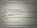 A close-up screenshot of a webpage's HTML code, displaying various elements related to a news feed. Key details include a section labeled "Source" with a hyperlink to "https://icv2.com/rss," a date marked as "2026-05-11," and an author attribution stating "By Ken Whitman." The code also features classes for styling, indicating a structured layout for displaying news items.