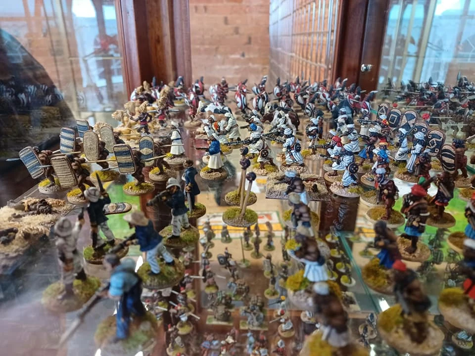 A display cabinet filled with a diverse array of painted miniatures, showcasing various historical and fantasy figures. The miniatures include soldiers in different uniforms, some wielding weapons, and others holding shields, all set on textured bases with grass. The background features additional miniatures and display elements, creating a vibrant and detailed scene typical of tabletop gaming collections.