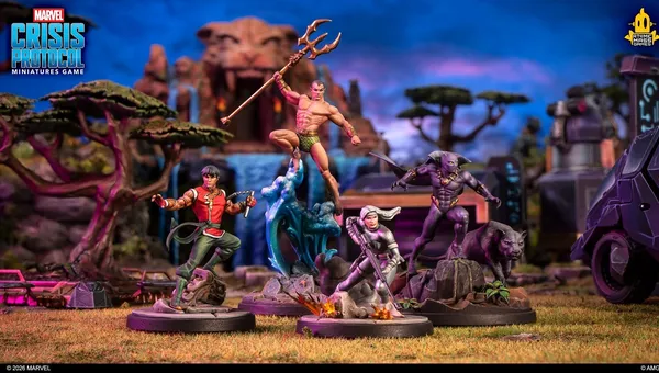 Four painted miniatures: Shang-Chi, Namor, Black Panther, and Silver Sable, on bases with terrain.