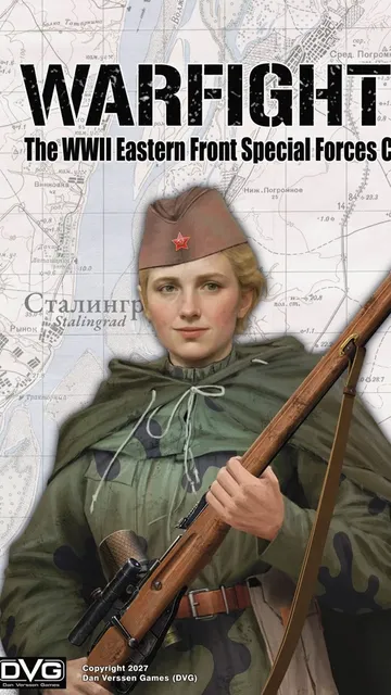 A person in a green military uniform and camouflage cape, wearing a brown cap with a red star, holding a bolt-action rifle with a bayonet. Behind them, a faded topographic map with Cyrillic text, including the word "Сталинград" (Stalingrad). At the top, bold text reads "WARFIGHTER The WWII Eastern Front Special Forces Card Game".