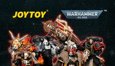 A dark background with a group of seven detailed action figures in the center, each wearing ornate armor with skull motifs, capes, and weapons. The figures are arranged in a dynamic pose. At the top, the text "JOYTOY" in yellow and "WARHAMMER 40,000" in white with a blue and silver logo. Below the figures, the text "REINFORCEMENTS IMMINENT!" in large white letters, followed by "BLACK TEMPLARS, RAVEN GUARD, BLACK LEGION & SPACE WOLVES" in smaller white text.