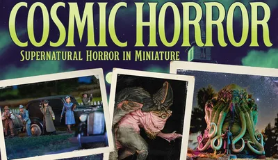 The image features the title "COSMIC HORROR" prominently at the top, with the subtitle "Supernatural Horror in Miniature" below it. Surrounding the title are several vintage-style photographs depicting scenes from the game: a group of characters, including men in suits and a woman in a blue dress, stand near a classic car, while monstrous entities loom in the background. The overall color scheme is dark and atmospheric, evoking a sense of mystery and horror typical of the 1930s Cthulhu Mythos.