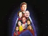 A starfield background with the text "STAR TREK ADVENTURES" at the top. Below, a group of nine characters from Star Trek are arranged in a triangular formation. The characters are from various series and include both human and alien figures, all wearing Starfleet uniforms or other recognizable attire. The arrangement is set against a glowing, triangular warp trail effect.