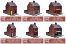 A collection of six 28mm scale MDF buildings is displayed, featuring a red brick design. The buildings include a "Red Brick House with Alley," "Red Brick Terrace House," "Red Brick Terrace Pub," "Small Red Brick Terrace House," "Small Red Brick Terrace Shop," and "Red Brick Terrace Store." Each building showcases distinct features, such as varying door colors and signage options, suitable for various historical genres.