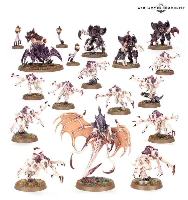 A diverse array of Warhammer miniatures is displayed, featuring various Tyranid models in shades of purple and pink. The collection includes several distinct figures such as a large creature with wings, smaller alien-like beings, and a mix of infantry and monstrous units, all set on textured bases. The background is plain, allowing the vibrant colors and intricate details of the miniatures to stand out prominently.