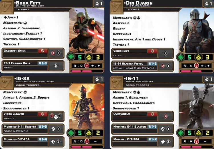 The image features four character cards from the Star Wars: Legion tabletop game. In the top left, Boba Fett is depicted with a vibrant illustration, showcasing his iconic armor and weapons, along with stats and abilities listed below. The top right displays Din Djarin, also known as The Mandalorian, with his own set of abilities and weapons. The bottom left features IG-88, an IG-Series Assassin Droid, with details about his combat capabilities. Finally, the bottom right presents IG-11, another droid character, highlighting his unique skills and weaponry. Each card includes a combination of artwork, character names, and gameplay statistics.