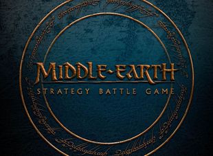 The image features the title "MIDDLE-EARTH STRATEGY BATTLE GAME" prominently displayed in a bold, stylized font, set against a textured dark blue background. Surrounding the title is a circular design that includes intricate, golden script, reminiscent of Tolkien's lore. The overall aesthetic conveys a sense of adventure and fantasy, aligning with the themes of the game.