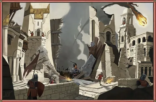 Five figures in medieval armor and helmets stand or crouch in a partially ruined stone hall. The hall has tall, arched windows with damaged frames and missing panes, and a large, cracked stone wall in the center. One figure on the left holds a shield and a sword, another crouches near a small fire on the floor. Two figures stand near the cracked wall, one holding a spear and the other a sword. The fifth figure, on the far right, kneels beside the fire. Above the group, mounted on the left wall, is a decorative shield with a red dragon emblem. The setting appears to be a castle or fortress interior with stone architecture and visible damage.