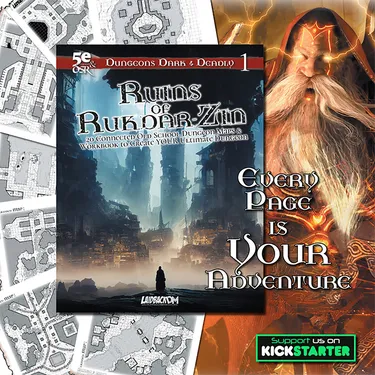 A collection of dungeon maps and artwork features prominently in the image, showcasing the title 