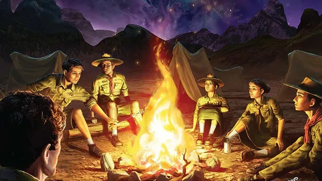 A group of young scouts sits around a campfire, illuminated by its warm glow against a starry night sky filled with swirling cosmic colors. They are dressed in scout uniforms, with tents set up in the background, creating a sense of adventure and camaraderie. The title "CAMPFIRE TALES: SCOUTS AGAINST CTHULHU" is prominently displayed at the top, along with the names of the authors at the bottom.