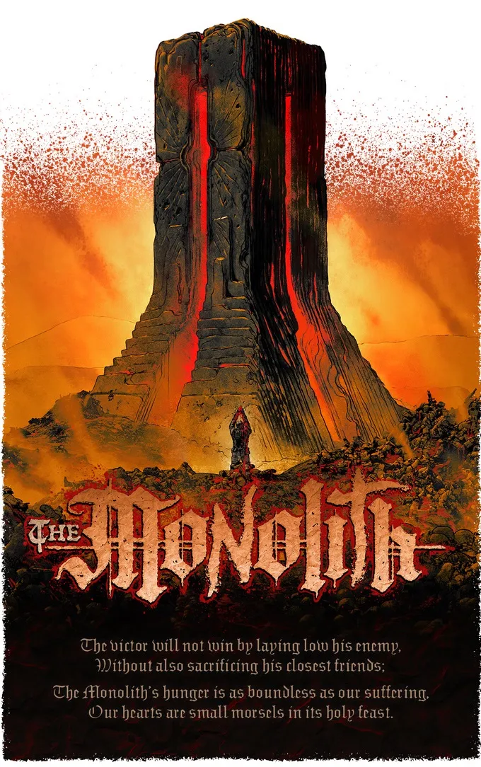 A towering monolith with a figure standing before it. Text reads "The Monolith".