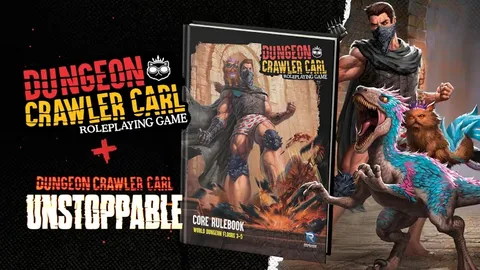 A dynamic scene features the "Dungeon Crawler Carl" core rulebook prominently displayed, showcasing its colorful cover art with a muscular character in a rugged outfit, wielding weapons and surrounded by fantastical creatures. To the right, a fierce-looking dinosaur-like creature with vibrant blue and pink scales stands alongside a small, intelligent-looking cat with a mischievous expression. The background includes a stone dungeon setting, enhancing the adventurous theme of the tabletop roleplaying game and its associated card game, "Unstoppable."