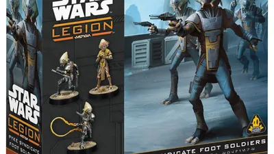 Star Wars Legion boxed set featuring Pyke Syndicate Foot Soldiers. Four miniatures in combat poses: one central figure in armored suit with helmet and blaster rifle, three smaller figures in varied armor. Background shows industrial setting with machinery.