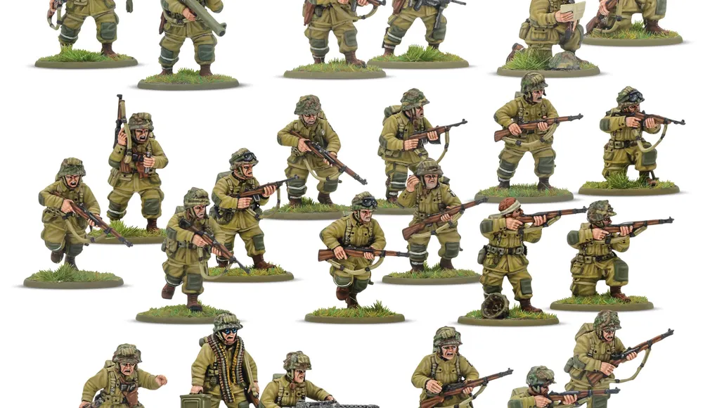 A collection of multi-part plastic miniatures representing US Airborne soldiers in early war, reinforced M42 jump uniforms. The figures are posed in various action stances, showcasing a range of weapons including rifles, submachine guns, and a bazooka, along with additional gear like magazine pouches and a signal lamp. The miniatures are set on grassy bases, highlighting their detailed sculpting and variety within the thirty-man platoon.