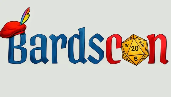 The logo for "Bardscon" features the word "Bardscon" in bold, colorful letters. The letter "B" is adorned with a red bard's hat topped with a vibrant feather, while the letter "d" is accompanied by a yellow twenty-sided die, emphasizing the tabletop gaming theme. The overall design is playful and inviting, reflecting the event's focus on tabletop gaming and community.
