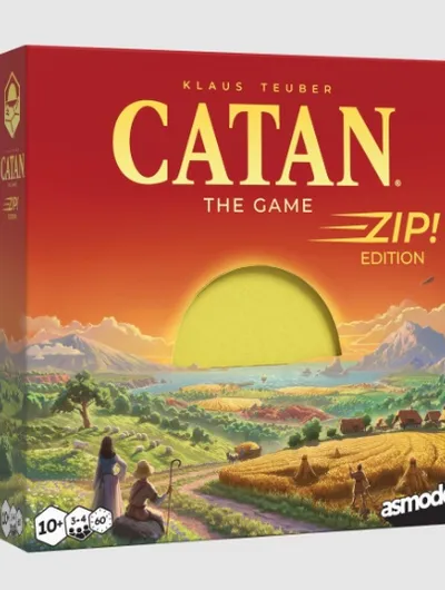 The box for "Catan Zip!" features a vibrant sunset over a pastoral landscape, with rolling hills, fields, and distant mountains. The title "Catan" is prominently displayed at the top in bold yellow letters, with "ZIP! EDITION" beneath it. In the foreground, two characters are depicted, one holding a staff, suggesting a sense of adventure and exploration.
